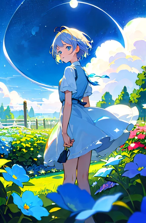 Highest quality、expensive_solve、clear_image、Detailed Background、With a girl、blue eyes、Short Hair、moon、garden、Wind 、dream