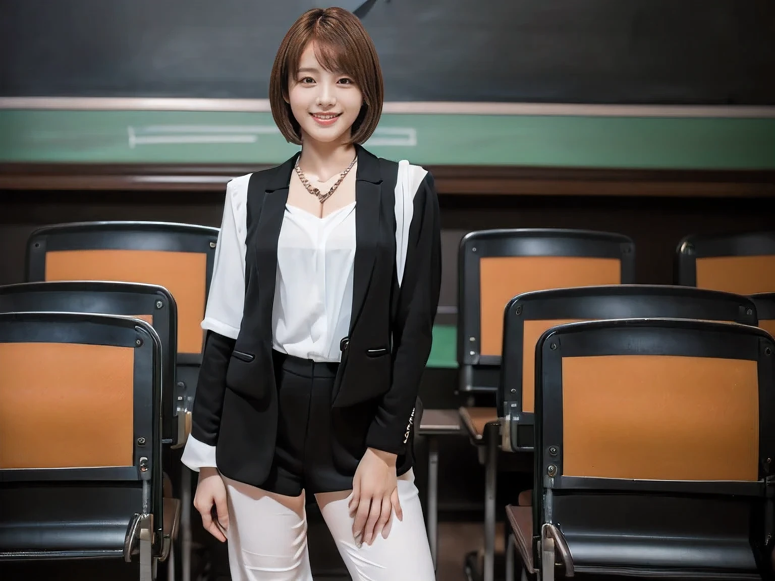 (A female teacher teaching a class in front of a school blackboard:1.5)、(A kind smile:1.5)、(A cute 20 year old woman:1.5)、(The best quality at its best:1.4), (Super detailed), (Very detailed CG unified 16k), Beautiful woman with perfect figure: 1.4, Sharp focus: 1.2, Very detailed, High-quality RAW color photos, Professional photography, Great face and eyes, cosmetics, (Amazingly beautiful girl), ((Black suit with white blouse:1.5)), Realistic movie faces, Full body long view from head to toe, Realistic, ((Realistic natural orange red hairstyle)), ( Short Bob Hair:1.5), (necklace:1.5)、, Very beautiful face, Perfect model beauty, Mouth swelling, Highly detailed face and skin texture, Fine grain, double eyelid, Medium chest, (masterpiece), Highest quality, High resolution, Very detailed, Blurred Background, Depth of written boundary, Cinema Lighting, Great legs, , Clear, well-maintained skin,((Full body shot from head to toe:1.5))