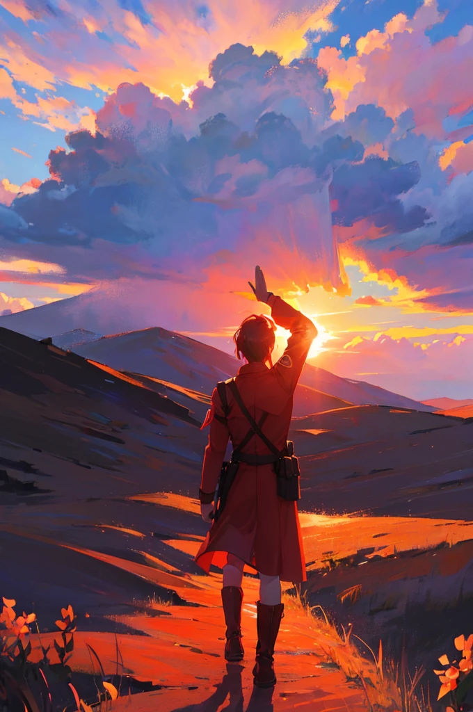Background is red sunset,A soldier stands on a hill with his back to the screen and salutes the sun