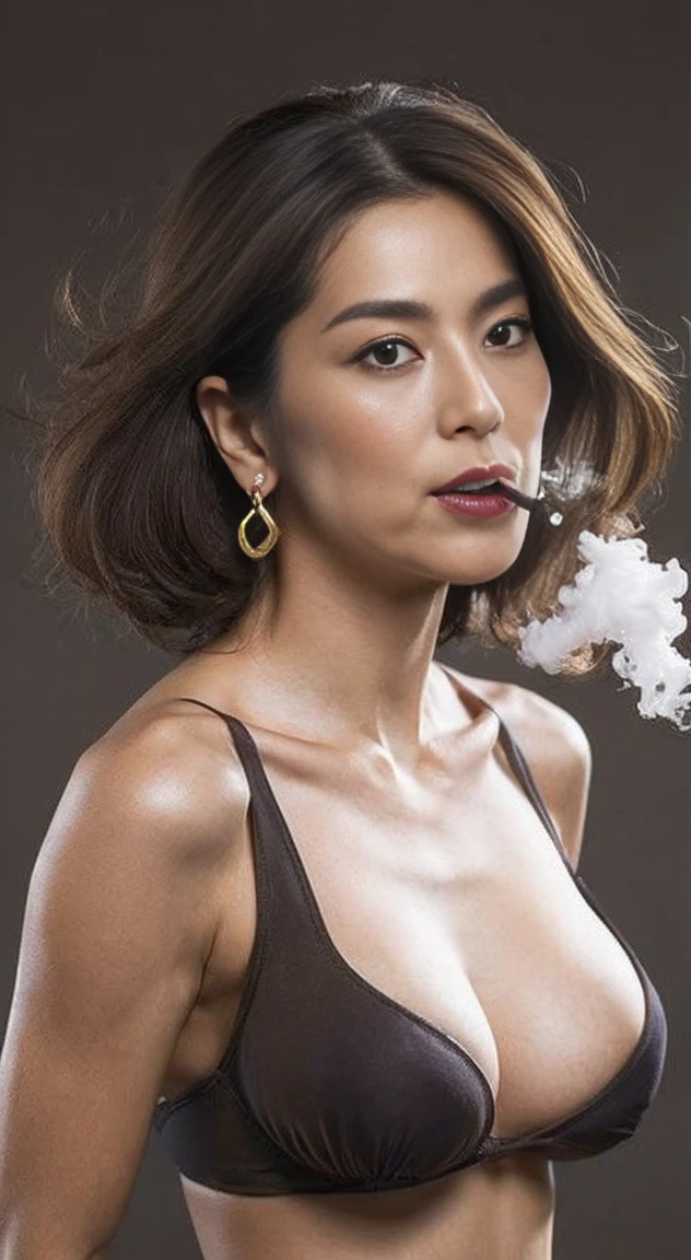 High resolution, High level image quality, high detail, masterpiece, rough skin, anatomically correct, sharp, gray background((japanese mature, 70 years old)), alone, ((facial wrinkles)), (((((good shape big breasts, Straight light brown hair that reaches to the shoulders, )))))(((stand upright, facing the center of the screen.))), Open your mouth and stare straight ahead with a serious face., ((cowboy shot)),slim abs、thighs、full body portrait、thin abs、garter belt、Gold Necklace Earrings、big cleavage、(((((large dark erect nipples)))))、(((naked)))、(((((Please put the cigarette in your mouth、))))、(put something on your head、)、(((Realistic smoke comes out from the mouth and tip of the cigarette.、)))