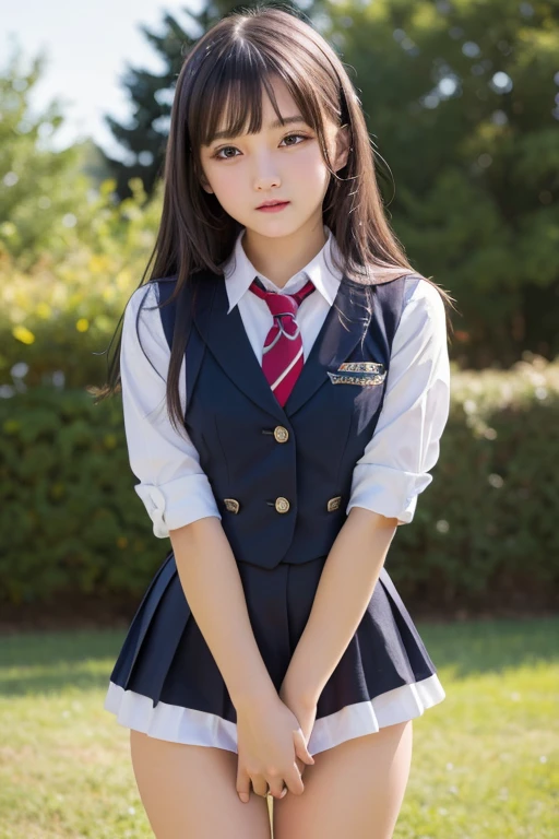 Pure Japanese school girl, sexual temptation, outstanding body, beautiful legs, ponytail, wearing uniform, panty, sweet smile, sitting on grass, refreshing in early summer park, composition from the front,