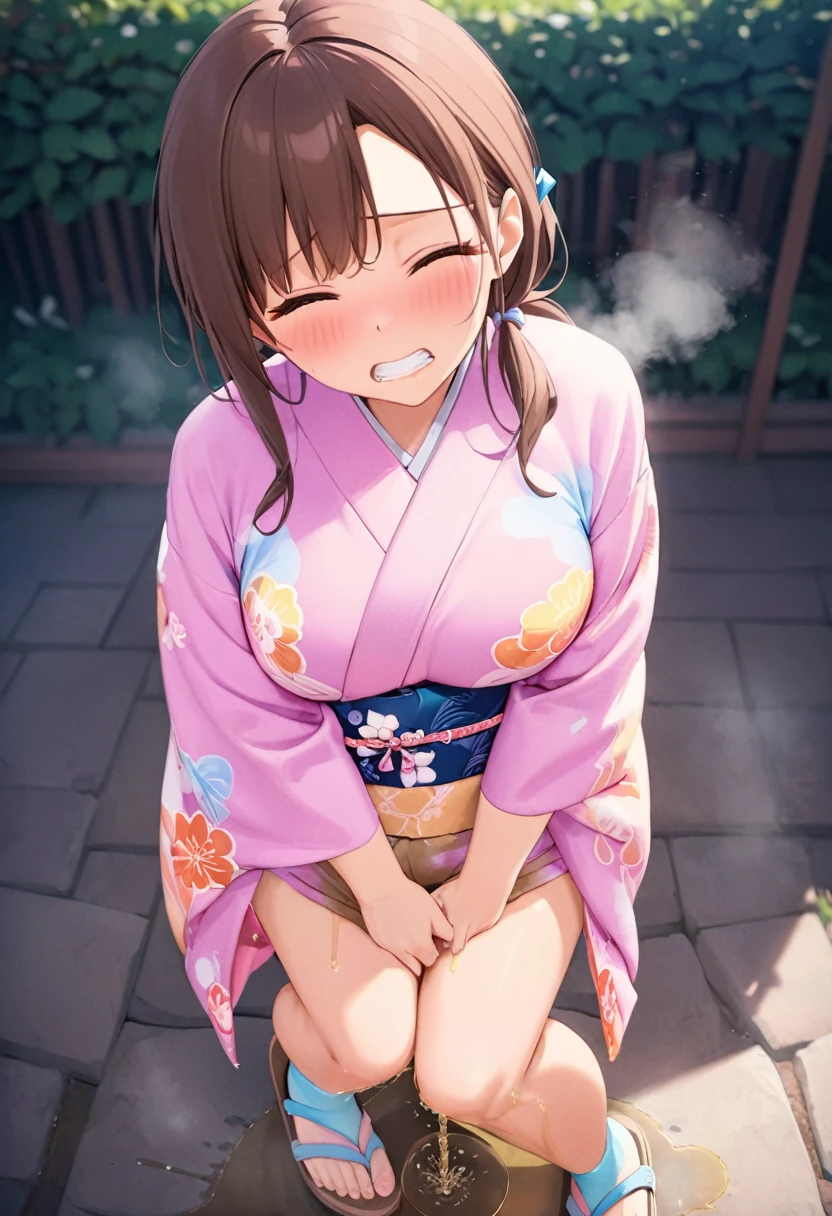 nsfw, (masterpiece, top quality, best quality, highly detailed:1.6), extremely detailed CG unity 8k wallpaper, (full body), wide shot, long shot, (close knees, hands between legs:3), (leaning forward, pee running down legs:2), (standing:2), (((clutching crotch))), (woman standing on the shrine, outdoor), (Pastel Colors kimono, Maxi Length:2)),strong facial expression, (sharp eye:1.2), (scowl:1.1), (embarrassed,blush:1.3), (steam:2), (wet:1.1), (sweat:1.1), (trembling:1.3), (open mouth, wavy mouth:1.4), (clenched teeth:1.7), (closed eyes:1.5), (feeling weak:1.5), (bravery crying, sobbing:1.5), (shoot from front, looking at viewer:1.2), Sandals, (long hair, Dark Brown hair, low ponytail:1.4), (woman trembling with sexual climax:1.5), colorful, perfect composition, (Crossing legs, Touching the crotch:1.7), urination, incontinence, piss, peeing self, A lot of pee, pee running down legs, (((pee stream))), (pee puddle), wetting herself, peeing, blush, trembling, embarrassed, large breasts, Yellow pee, ((leaking pee)), Shaking one's shoulders, Breaking a sweat on forehead, puddle of pee, Pee at your feet, Pee spread on the floor, (Pee stains), Feet wet from pee, Pee-covered feet, Pee at your feet, want to pee, about to pee, Full bladder, Pee-soaked kimono, Pee-soaked ankle socks, Pee-soaked sandals, natural makeup,