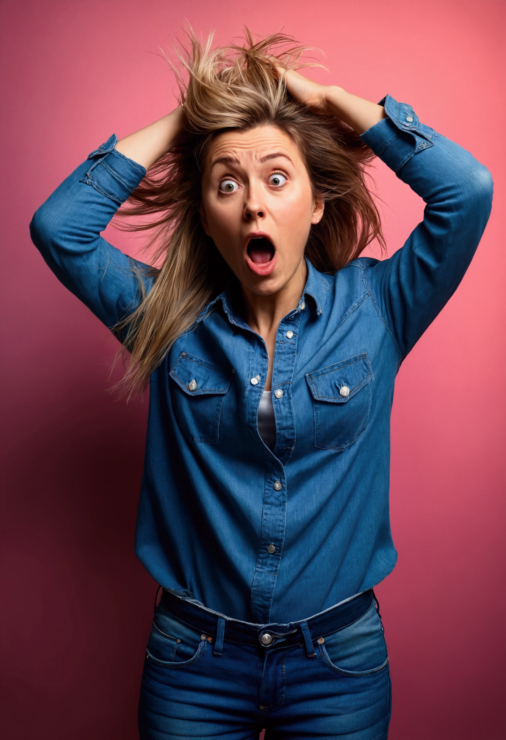 hyper realistic portrait of a (central european) woman who is surprised to learn something she didn't know she needed to know, jeans behind her head, slightly disheveled hair, photo