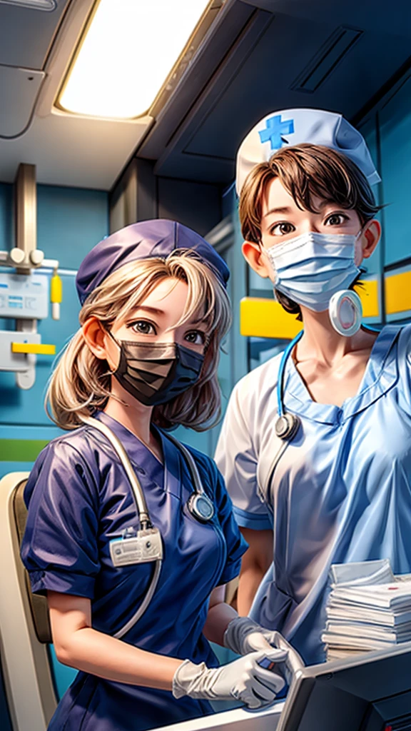 Operating room nurse、Handing the equipment to the doctor、operating、hat、gloves、mask