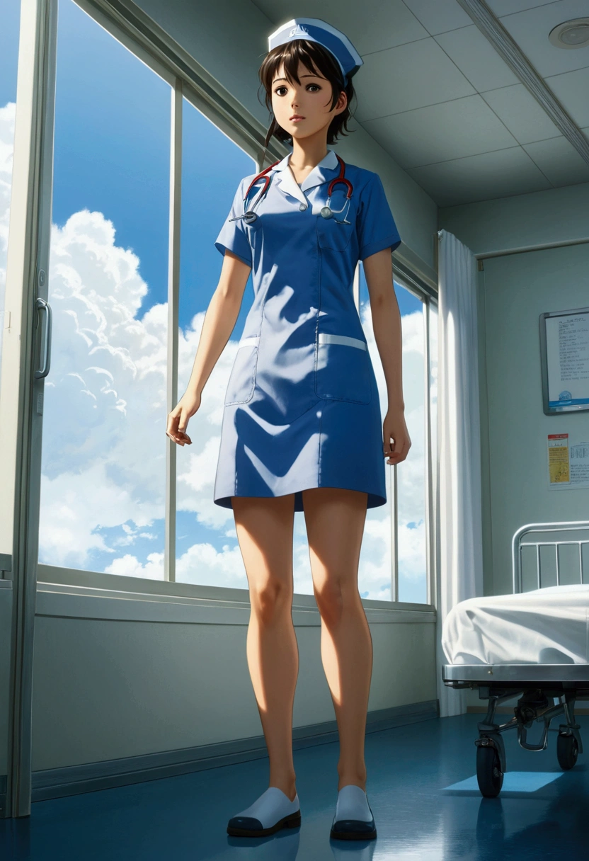 Nurse, full body, by Makoto Shinkai and Makoto Niitsu, cinematic still, (best quality, masterpiece), very aesthetic, perfect composition, photorealistic, intricate details, ultra-detailed, vivid colors