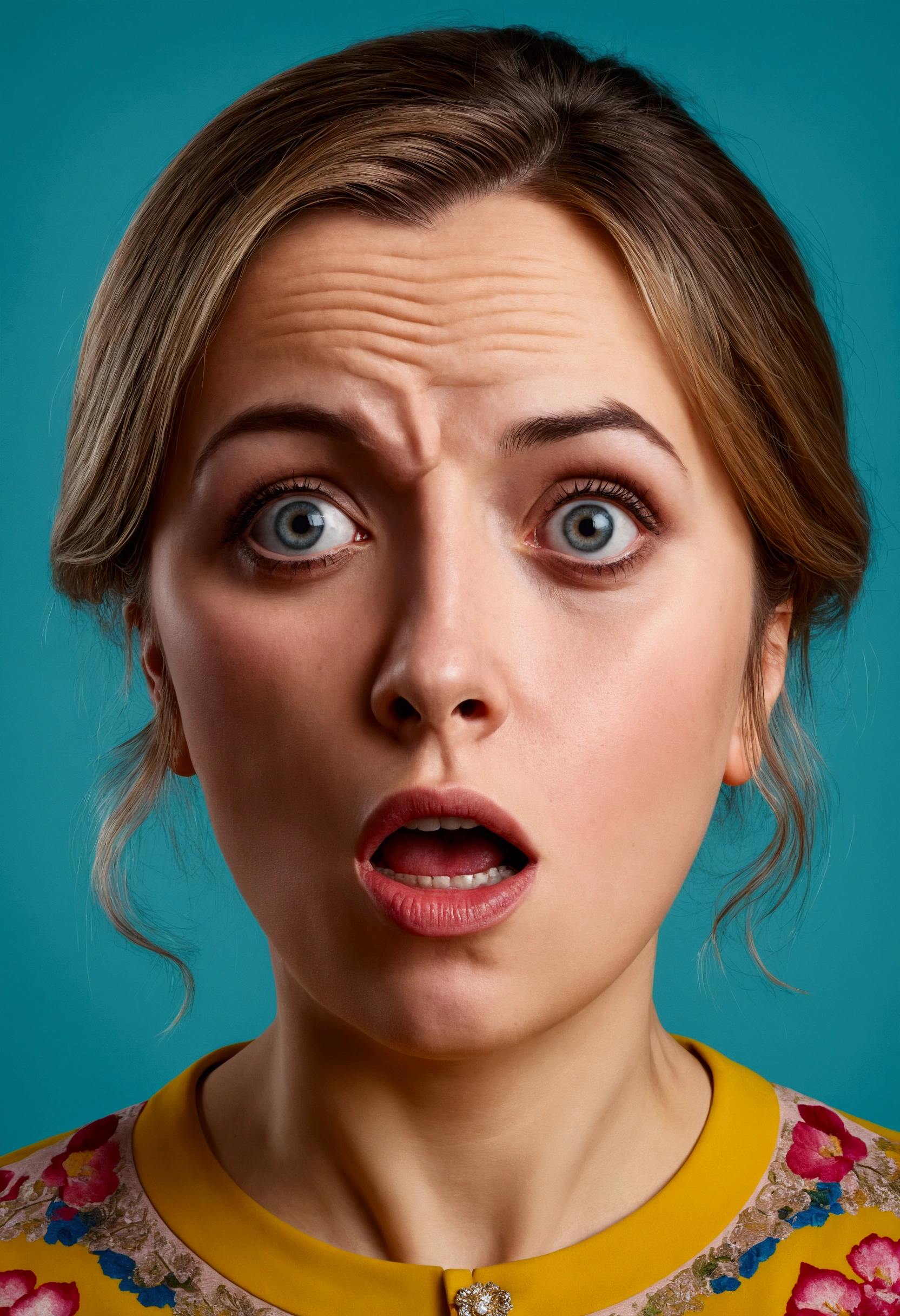 hyper realistic portrait of a (central european) woman who is surprised to learn something she didn't know she needed to know, photo