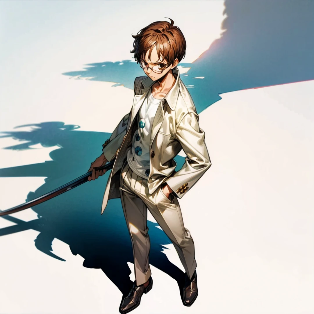 Grassroot, full body version, solo,  boy, glasses , brown colour hair, short haircut, white suit clothing, (one piece style art), standing gesture, shadow, white background 