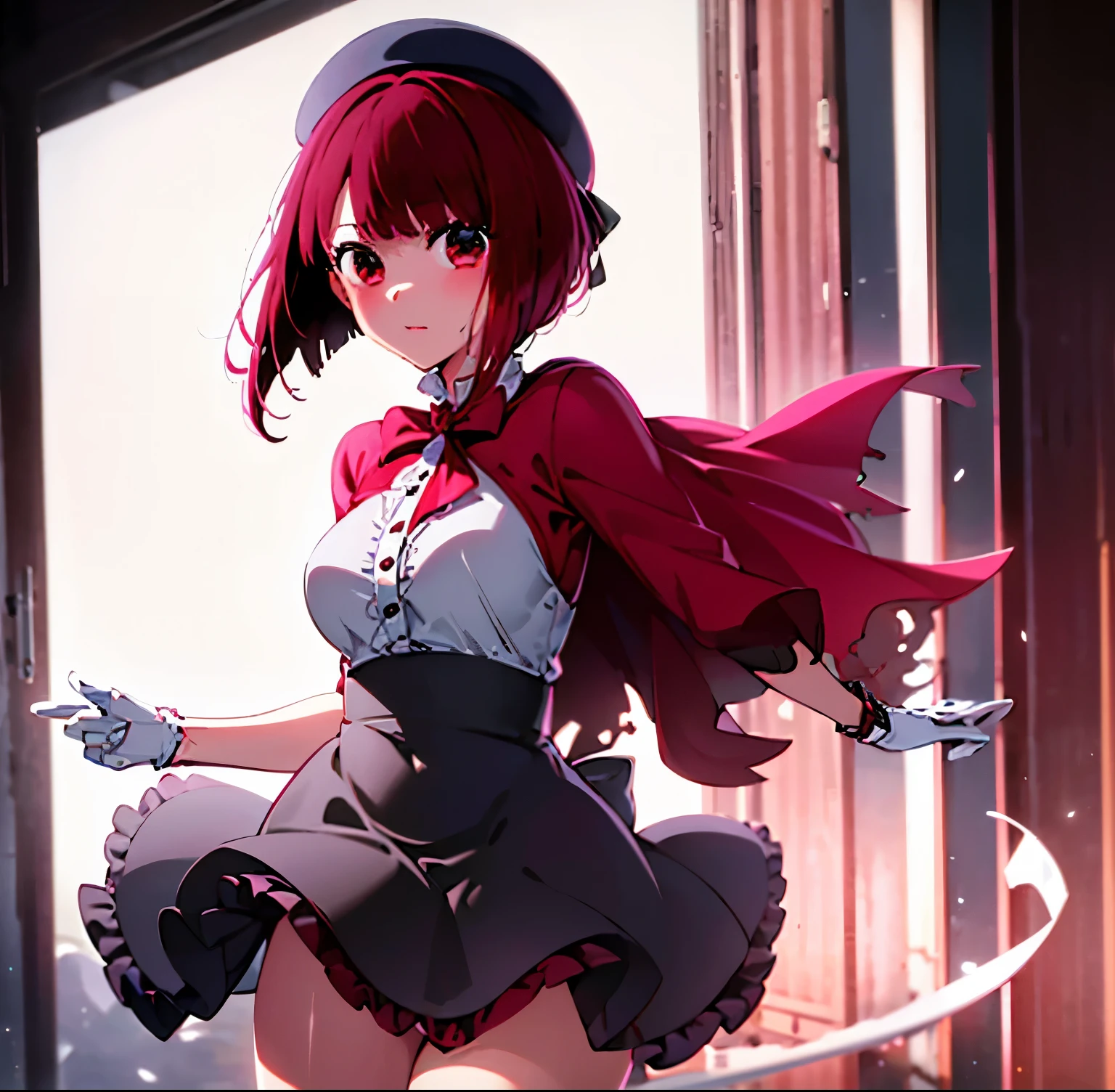 ((1girl)),((alone)), arima kana,(masterpiece), (best quality), (ultra detailed), (best illustration), (best shadow), (absurdities), sharp focus, cowboy shot , dynamic posture looking at the viewer, big breasts, narrow waist, wide hips, wide thighs, round butt, erotic, romantic, (very detailed eyes, lips 1.1), very detailed eyes, eyes, Very detailed face, Very beautiful face, height full, beautiful slim figure, femininity, expressive appearance, elastic small breasts, increased sexuality, short hair, red hair, red eyes, mini hat:1.3, tilted head, ((idol dress)), ((jewelry)), ( (brooch)), ((white scarf)), ((ruffles)), ((red shirt)), ((short sleeves)), bare arms, ((pink gloves)), ((holding microphone)),( (black skirt)), short skirt, ((bare thighs)), ((red boots)), calf-length, defined body, perfect and beautiful body, perfect and beautiful, closed mouth, calm expression, blushing, (sexy pose : 1.2), ((solo)), standing: 1.3, exterior, concert, stage, show lights, night, cityscape, looking forward, ((focus on breasts)), point of view (from above), red blush, perfect anatomy, perfect hands,