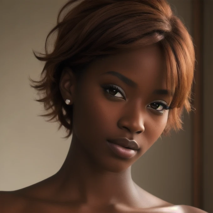 Best quality, masterpiece, ultra detailed, ideal, Beautiful black woman, Close-up, HDR, portraits, elegant pose, charming realistic expressive amber brown eyes, tousled short fiery scarlet hair, full sensual lips, romantic lighting