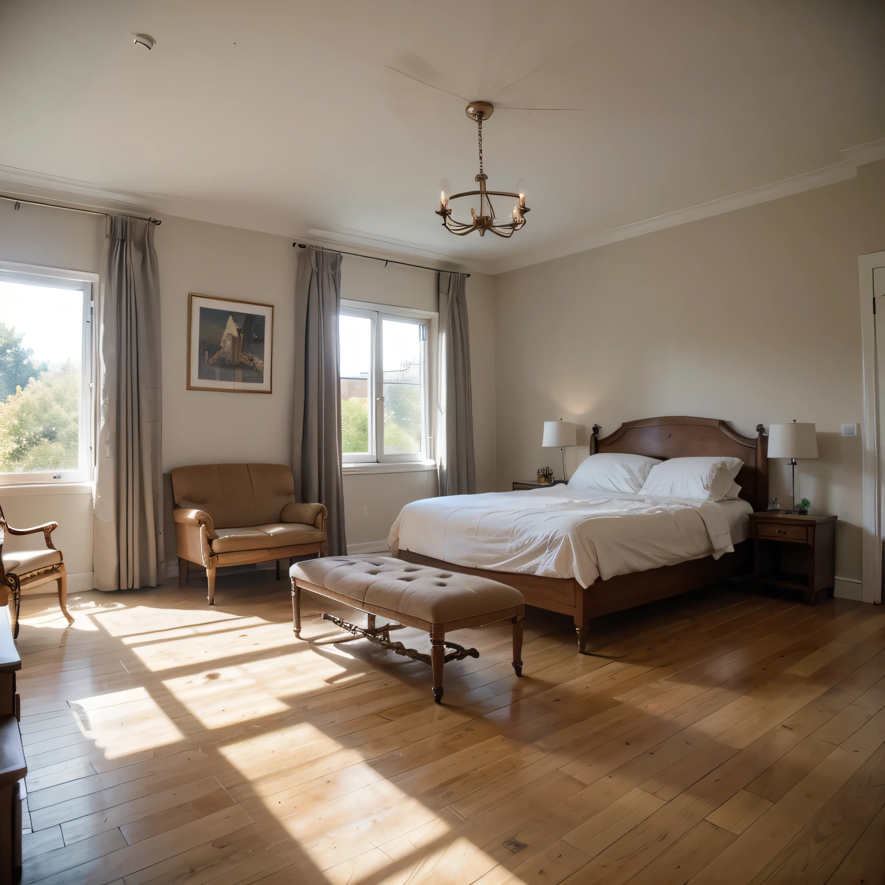 A corner of the room,French décor style,Clean and open environment,There are floor-to-ceiling windows,Natural light shines in through the windows,Ultra-realistic scene map