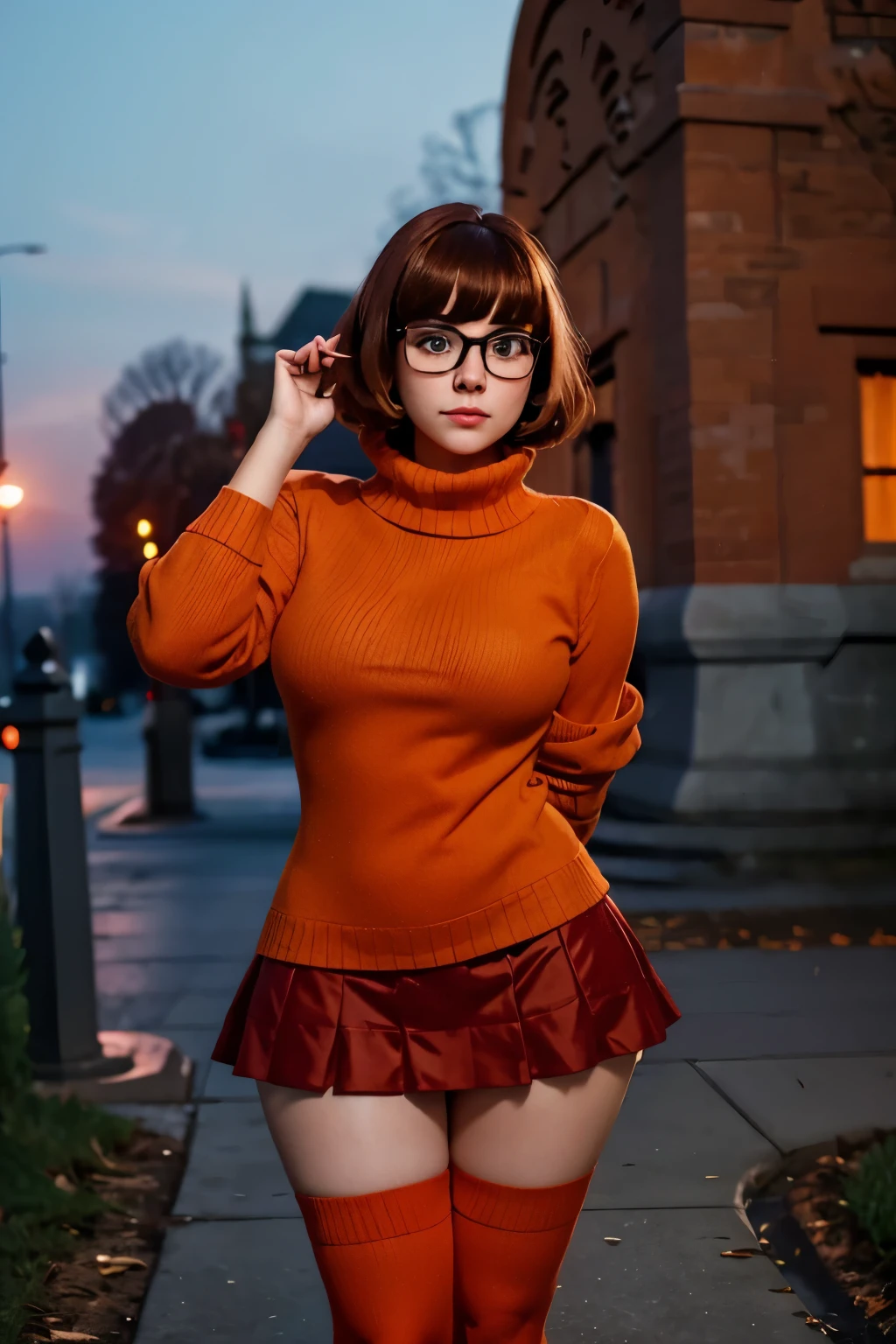 young 20-year-old female with a beautiful face, short brown hair with bangs, dark red skirt, white pale skin, glasses, orange turtle neck sweater, orange stockings, thin waist, wide hips, thick thighs, graveyard at night, mysterious 