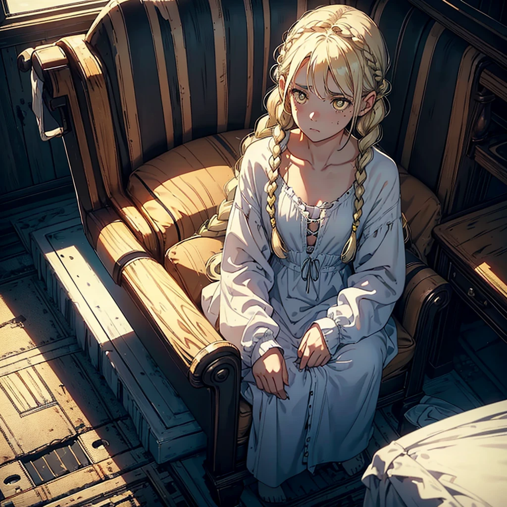 A woman, 20 years, by the wide, by white, honey yellow eyes, small braids in her hair, chest a little big, beautiful body, fearful eyes, shy facial and body expressions, sloppy clothes, full body, sitting in an armchair, view from above, face landing, (((distrust))), fear 