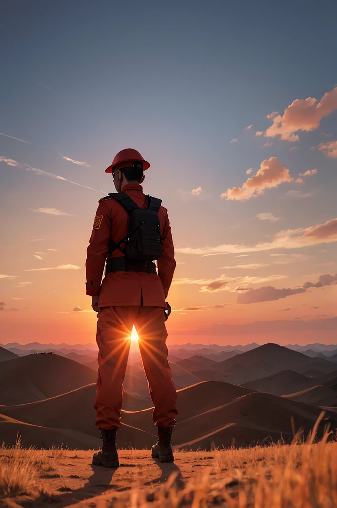 Background is red sunset,A Chinese soldier stands on a hill with his back to the screen and facing the sun。