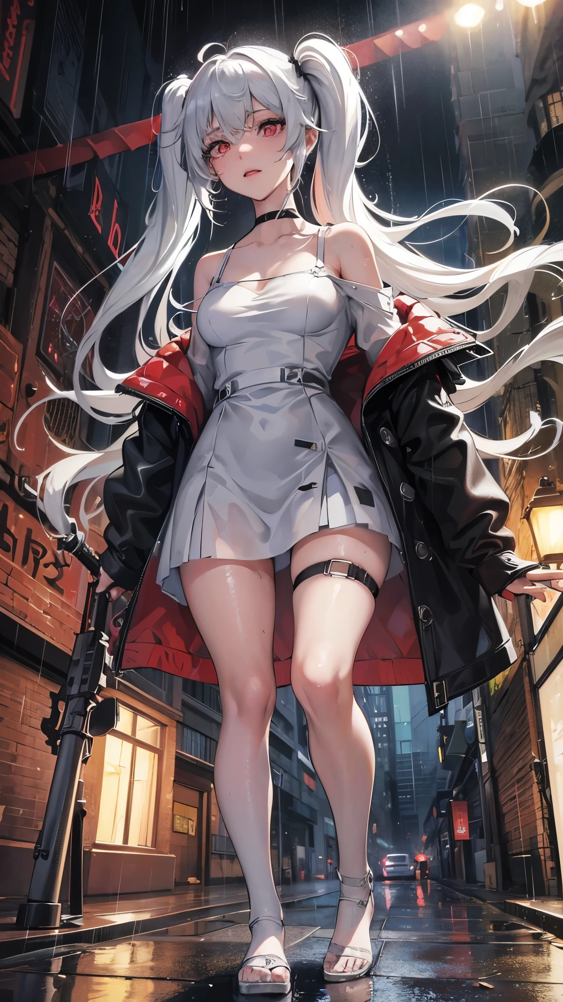 realistic, anime, 1girl,bangs, twintails, long hair, small breasts, off shoulder, white hair, rainbow hair, oversized T-shirt, white T-shirt, black bra, bare legs, thigh, cleavage, collarbone, (extremely detailed CG unity 8k wallpaper, masterpiece, best quality, ultra-detailed, best shadow), (masterpiece:1.2, best quality), very red eyes, sweat, soft body, cute, arm strap, thigh strap, multicolor eyes, outside, out door, raining, night, wet cloths, standing, standing in the rain, wet hair, wet skin, see through, (heavy rain), ruined building, messy ground, bullet shells on ground, dust, wounds, walking, jacket, tactical suit, military equipment, (night), white legwear, wet thighs, ((lotion)), from behind, (wet), dress, skirt, , happy, happy expression, thighs, from below, horizon, \(weapon\)