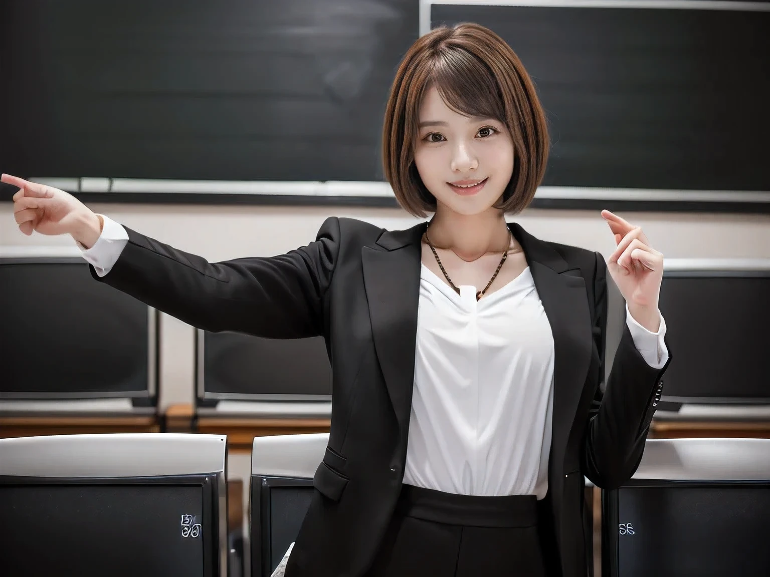 (A female teacher teaching a class in front of a school blackboard:1.5)、(Left hand raised straight up)、(A kind smile:1.5)、(A cute 20 year old woman:1.5)、(The best quality at its best:1.4), (Super detailed), (Very detailed CG unified 16k), Beautiful woman with perfect figure: 1.4, Sharp focus: 1.2, Very detailed, High-quality RAW color photos, Professional photography, Great face and eyes, cosmetics, (Amazingly beautiful girl), ((Black suit with white blouse:1.5)), Realistic movie faces, Full body long view from head to toe, Realistic, ((Realistic natural orange red hairstyle)), ( Short Bob Hair:1.5), (necklace:1.5)、, Very beautiful face, Perfect model beauty, Mouth swelling, Highly detailed face and skin texture, Fine grain, double eyelid, Medium chest, (masterpiece), Highest quality, High resolution, Very detailed, Blurred Background, Depth of written boundary, Cinema Lighting, Great legs, , Clear, well-maintained skin,((Full body shot from head to toe:1.5))