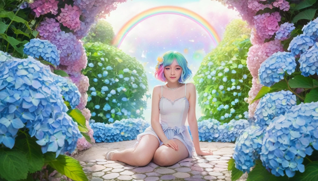 A beautiful anime girl with rainbow hair and eyes is resting in a magical garden. She is surrounded by pastel-colored hydrangeas, and a double rainbow arches over the scene. The style is light and dreamy, with a soft focus and ethereal quality.