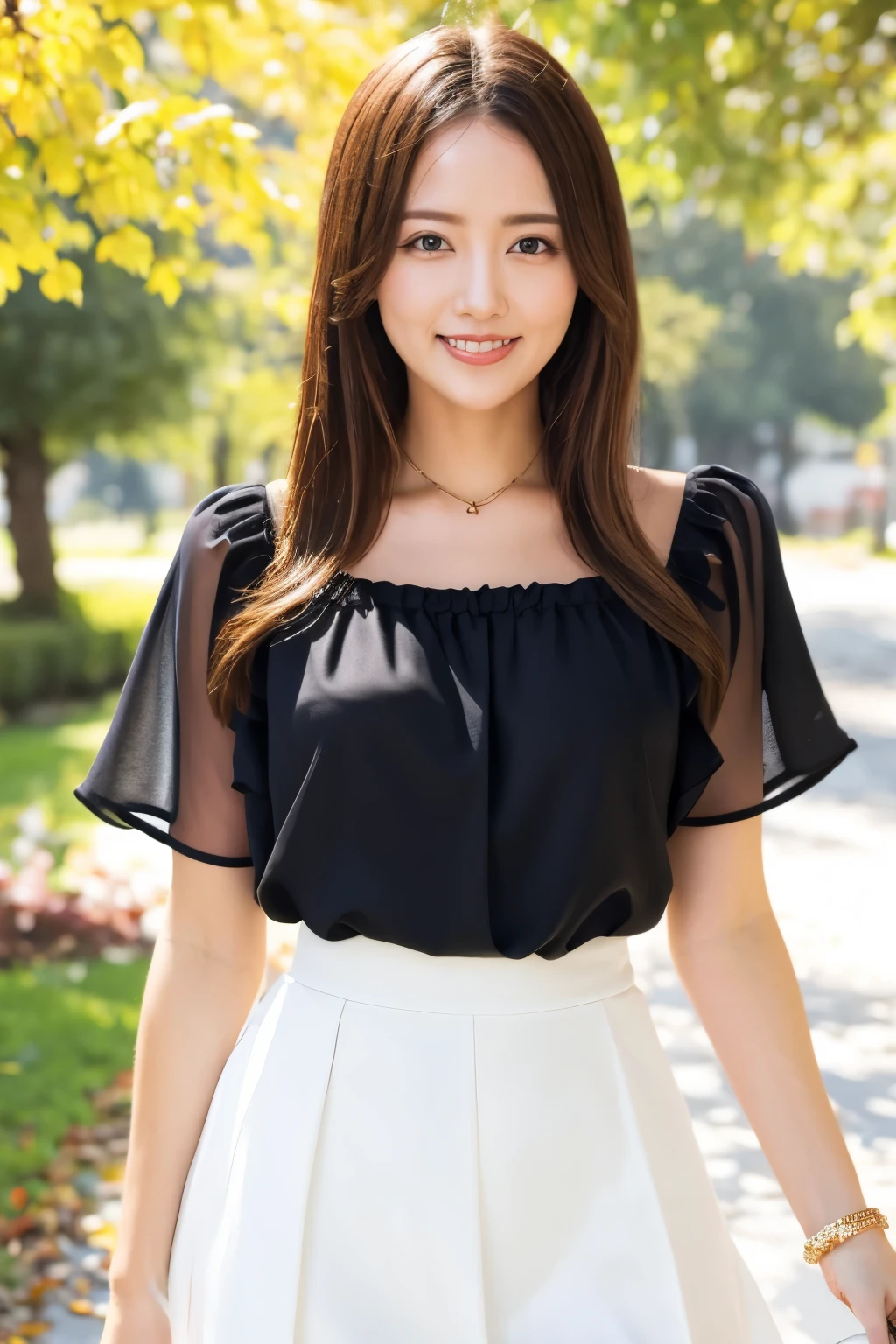 (Highest quality、Tabletop、8k、Best image quality、Hyperrealism)、Accurate anatomy、Biggest Smile、Upper body photo、(see-through ruffle blouse:1.2)、(Elegant and cute flat skirt:1.2)、Blurred natural park background、Are standing