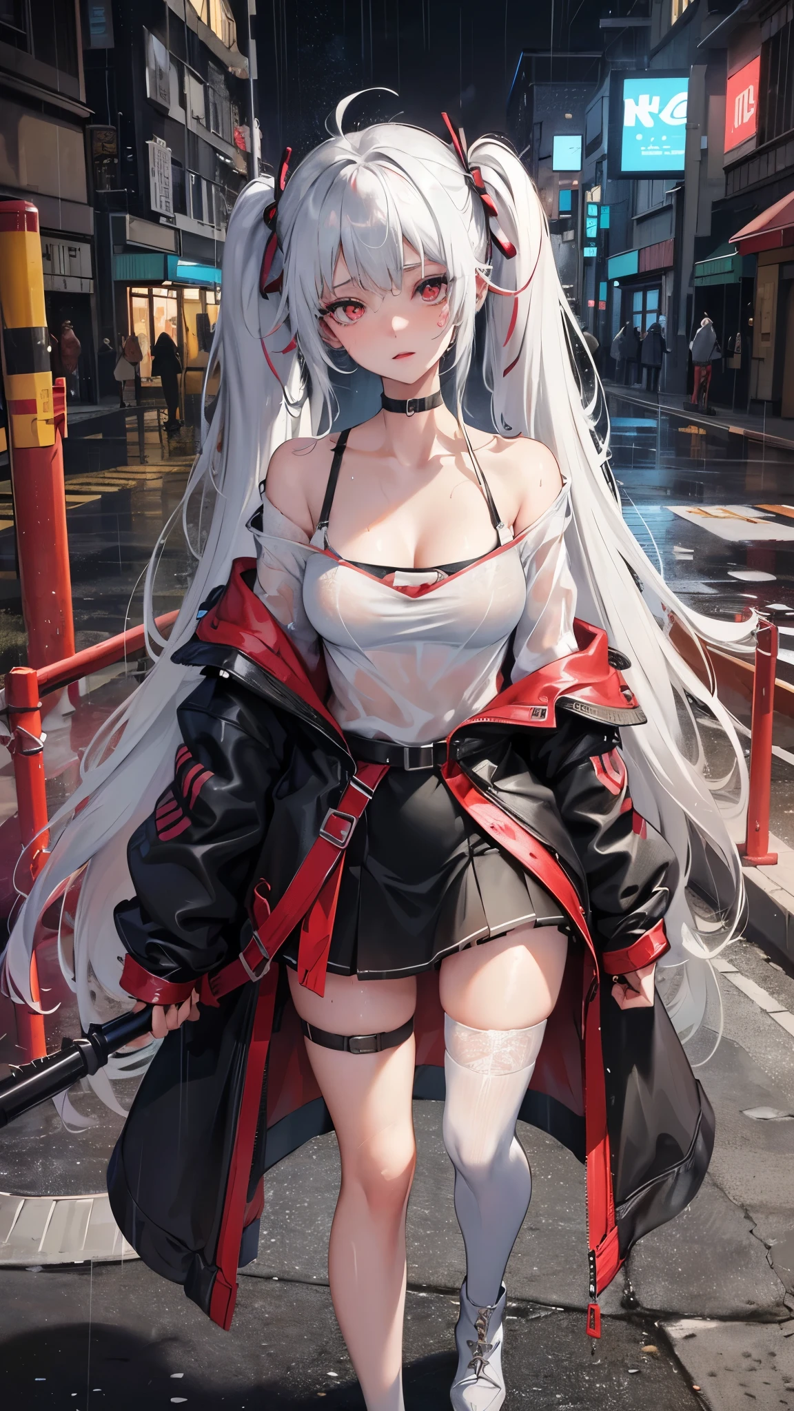 woman, white hair, long twintails, black hairbows, white skirt, red eyes, dark blue uniform, smile, large hips, upskirt, white bikini bottom