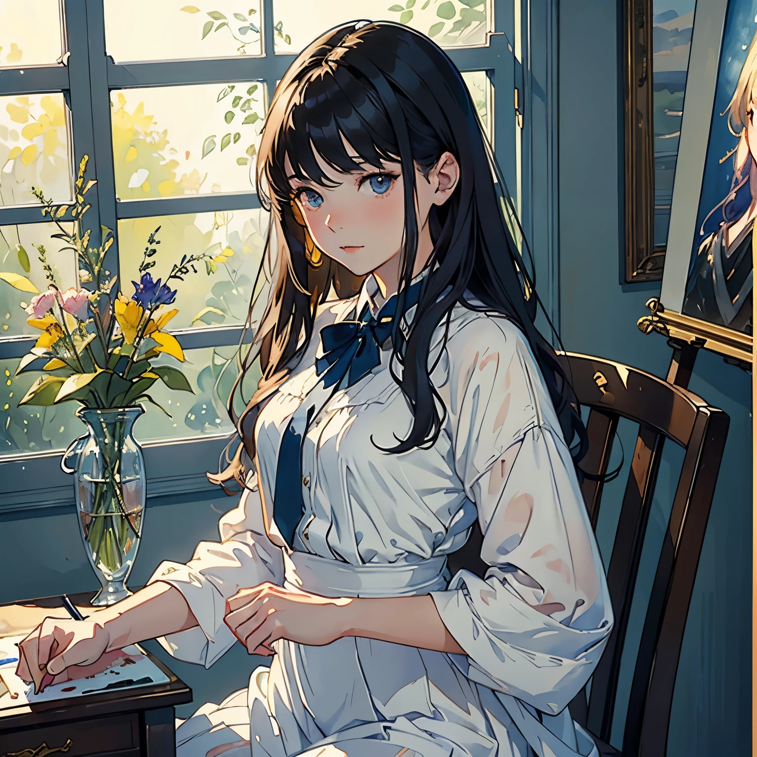 (A very beautiful -yeld gipaints a life-size portrait of herself on canvas:1.2), (Full body portrait:1.2)、(An incomplete life-size portrait:1.2)、(Paint set、palette、Pen:1.2)、Beautiful and fair、Glowing Skin, Nice, bright, Refreshing and gentle look, Perfect beautiful face、Beautiful shiny bangs, Small breasts，Simple uniform，room、window、Soft Light、(Watercolor of singer Sargent)、(Highest quality、masterpiece)、