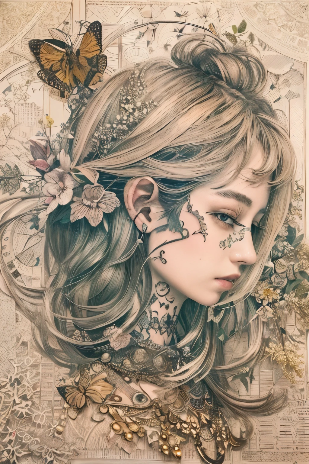 ((((masterpiece))), tattoo、Highest quality, An illustration, Beautiful details shine,
paper_cut, The details of a fragile girl's face captured on camera, wood, moon, butterfly,Wind、star、spider、Ladybug、centipede