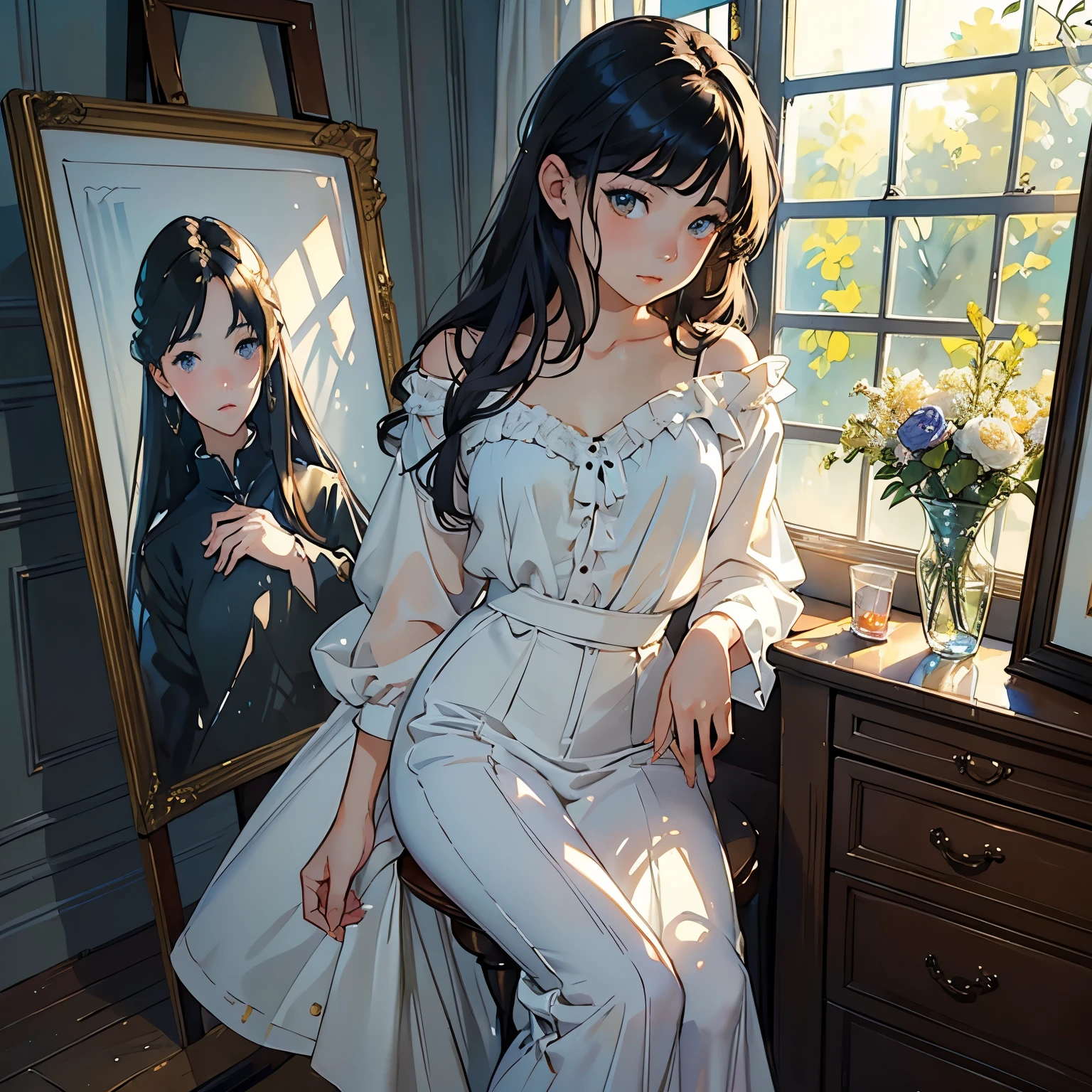 (A very beautiful 17-year-old girl paints a life-size portrait of herself on canvas:1.2), (Full body portrait:1.2)、(An incomplete life-size portrait:1.2)、(Paint set、palette、Pen:1.2)、Beautiful and fair、Glowing Skin, Nice, bright, Refreshing and gentle look, Perfect beautiful face、Beautiful shiny bangs, Small breasts,Simple uniform,room、window、Soft Light、(Watercolor of singer Sargent)、(Highest quality、masterpiece)、