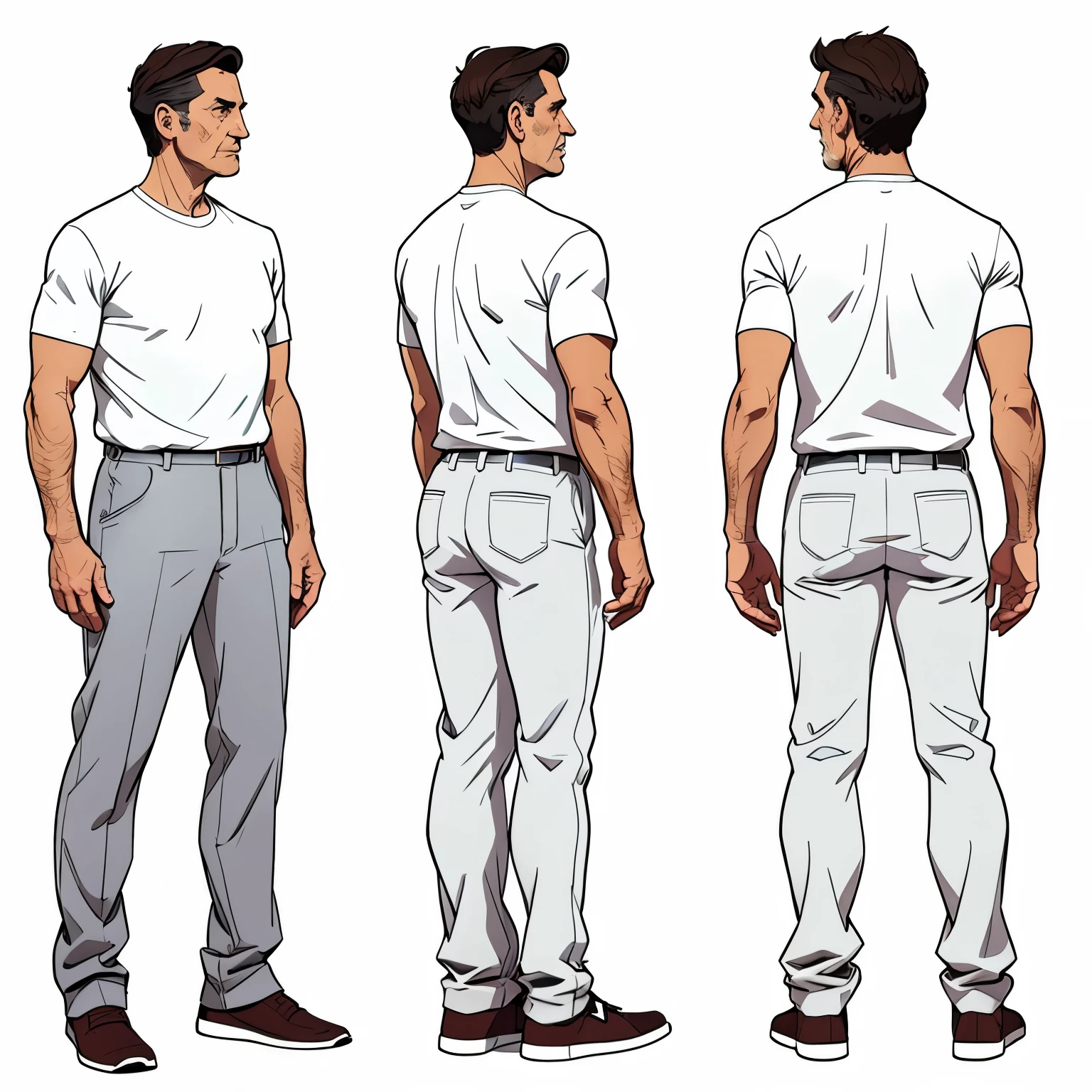 flat colours, three-sided view, front view, side view, back view, whole body, simply white background, a man in his late-60s, mature, with greying dark hair, comfortable, casual shirt and trousers, simply white background, 