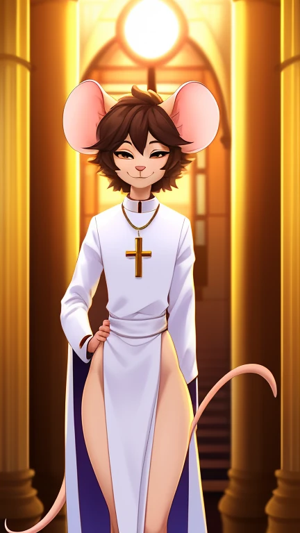 Best quality, Super detailed illustration, warm colors, perfect lighting, (fluffy mouse boy:1.4) , feminine face and body, disheveled thick hair, Catholic priest robes, beautiful temple background, smug smile, half-closed eyes , a femboy, small waist, wide hips, slim, perfect body, don't bother style