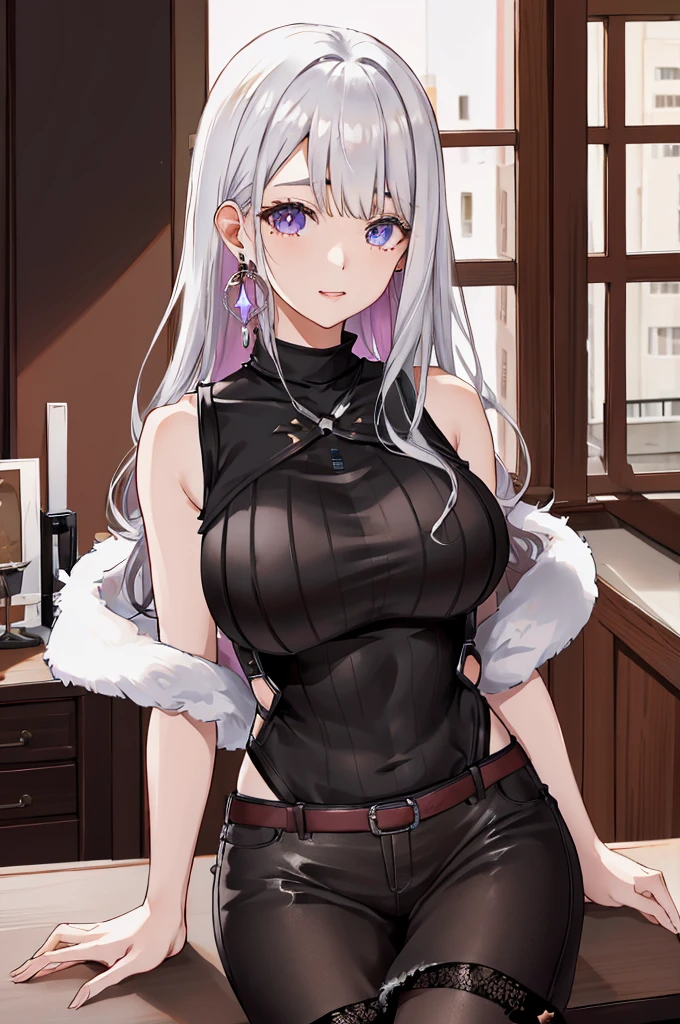 On the table, best quality, high resolution, hmkm1, Mole under the eye, earrings, a, turtleneck sweater, Fur trim, , sleeveless, Cowboy shooting, indoor，Super huge breasts