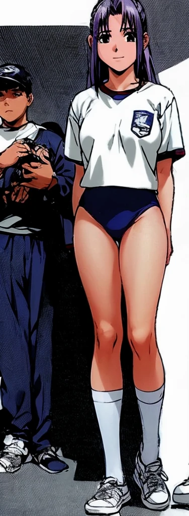 Momoko Koigakubo, a tall girl with beautiful legs, is standing with a smile on her face in a white gym uniform and light navy blue bloomers that look like panties.。Momoko Koigakubo is holding a boy in a jersey。