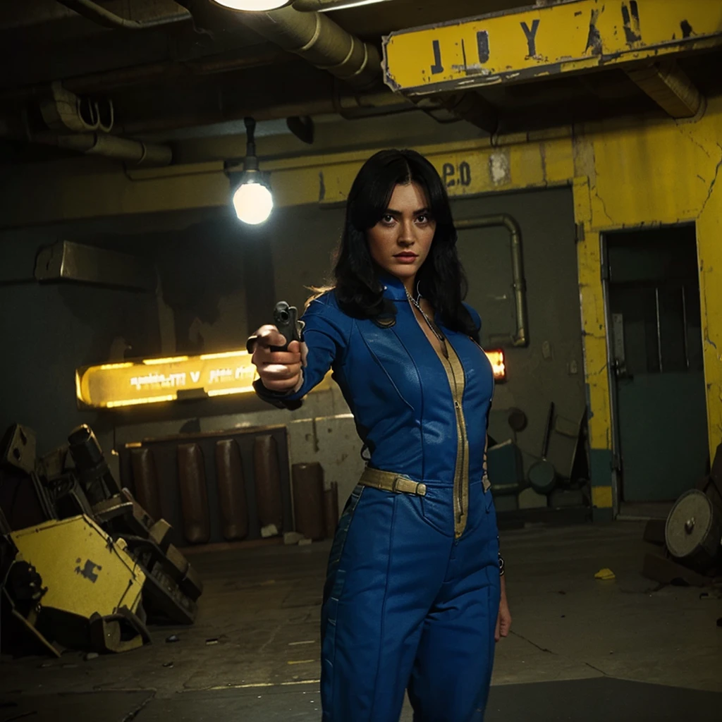 (One person). Fallout TV series. Inside a dimly lit large room in a post-apocalyptic casino in Las Vegas. Vaultsuit Lucy, an 18-year-old vault dweller wearing a blue and gold vaultsuit, her black hair disheveled, clutching a large gun in a dimly lit, post-apocalyptic casino. Cinematic. realistic colors, realistic, photorealistic