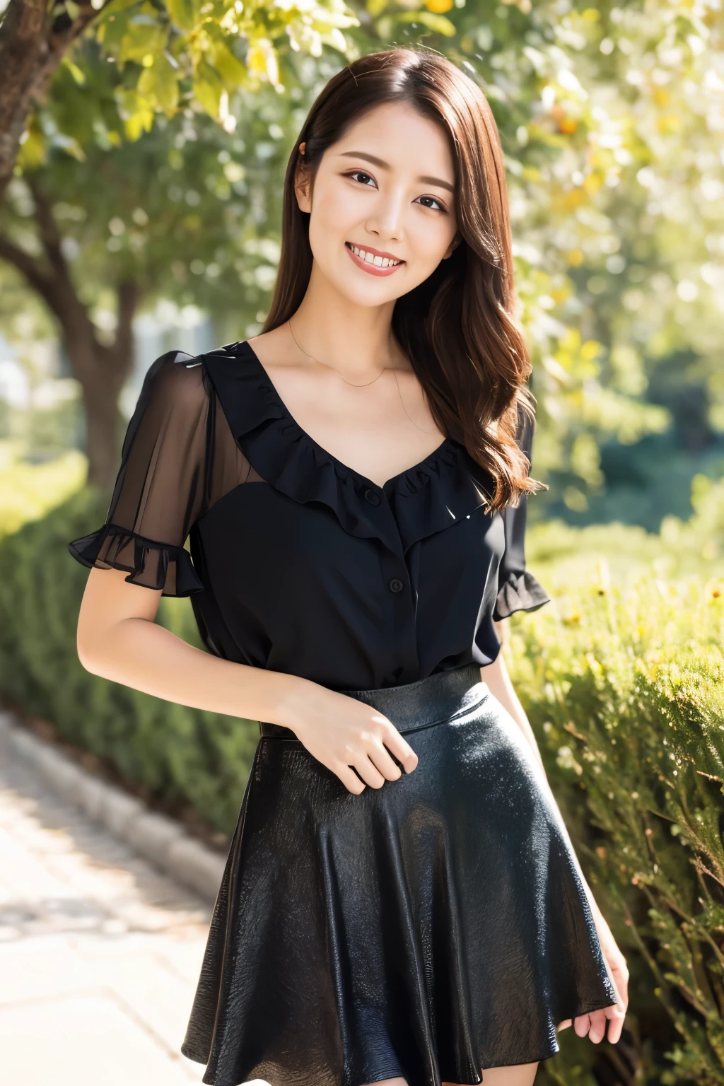 (Highest quality、Tabletop、8k、Best image quality、Hyperrealism)、Accurate anatomy、Biggest Smile、Upper body photo、(see-through ruffle blouse:1.2)、(Elegant and cute flat skirt:1.2)、Blurred natural park background、Are standing