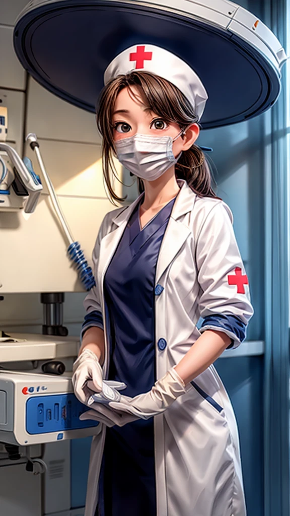 Operating room nurse、Handing the equipment to the doctor、operating、hat、gloves、mask