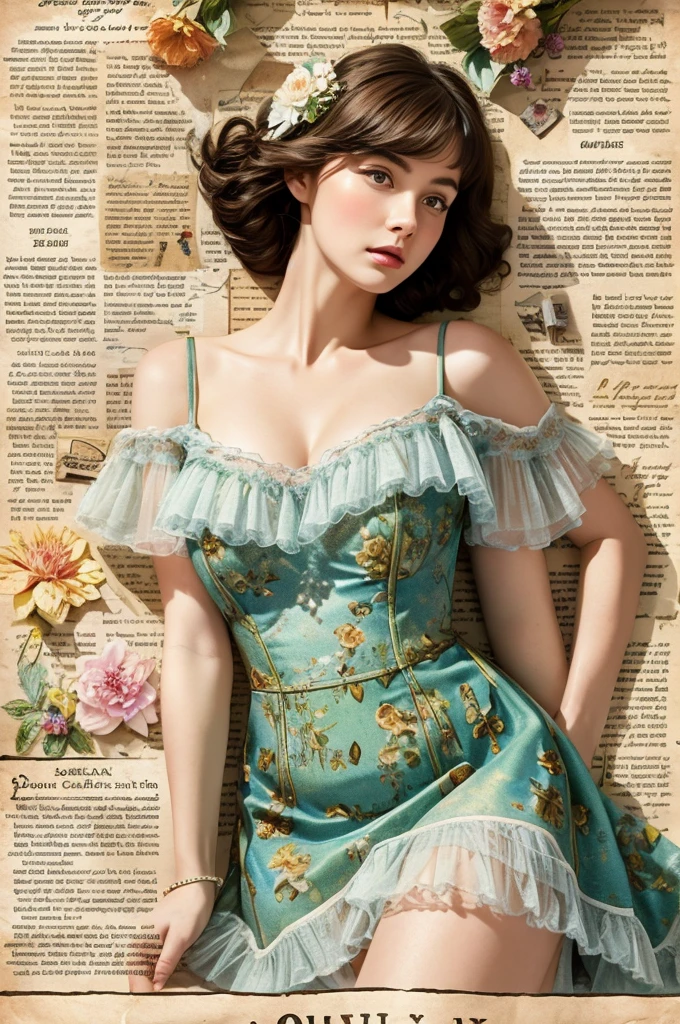 Ultra-detailed alcohol ink painting of a gorgeous girl, Mixed media masterpiece pieced together using stress-free vintage script paper, mayfly, Cardboard damage, Vintage newspaper, vintage sheet music, Seal something, Dress made of paper ruffles and really tiny delicate lace, style [junk magazine, Double contact, Equal to body size, Greg Simkins, marc davis, oliver jeffers, Andy Keeho], Movie, amazing, Very detailed, 8K, Defog