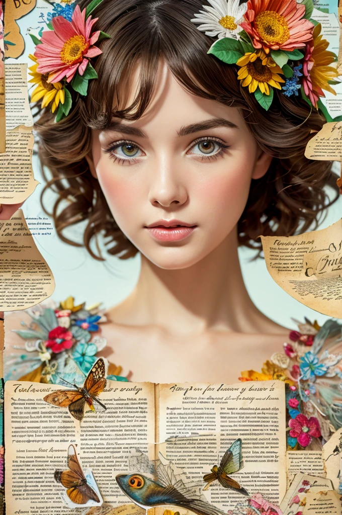 Ultra-detailed alcohol ink painting of a gorgeous girl, Mixed media masterpiece pieced together using stress-free vintage script paper, mayfly, Cardboard damage, Vintage newspaper, vintage sheet music, Seal something, Dress made of paper ruffles and really tiny delicate lace, style [junk magazine, Double contact, Equal to body size, Greg Simkins, marc davis, oliver jeffers, Andy Keeho], Movie, amazing, Very detailed, 8K, Defog