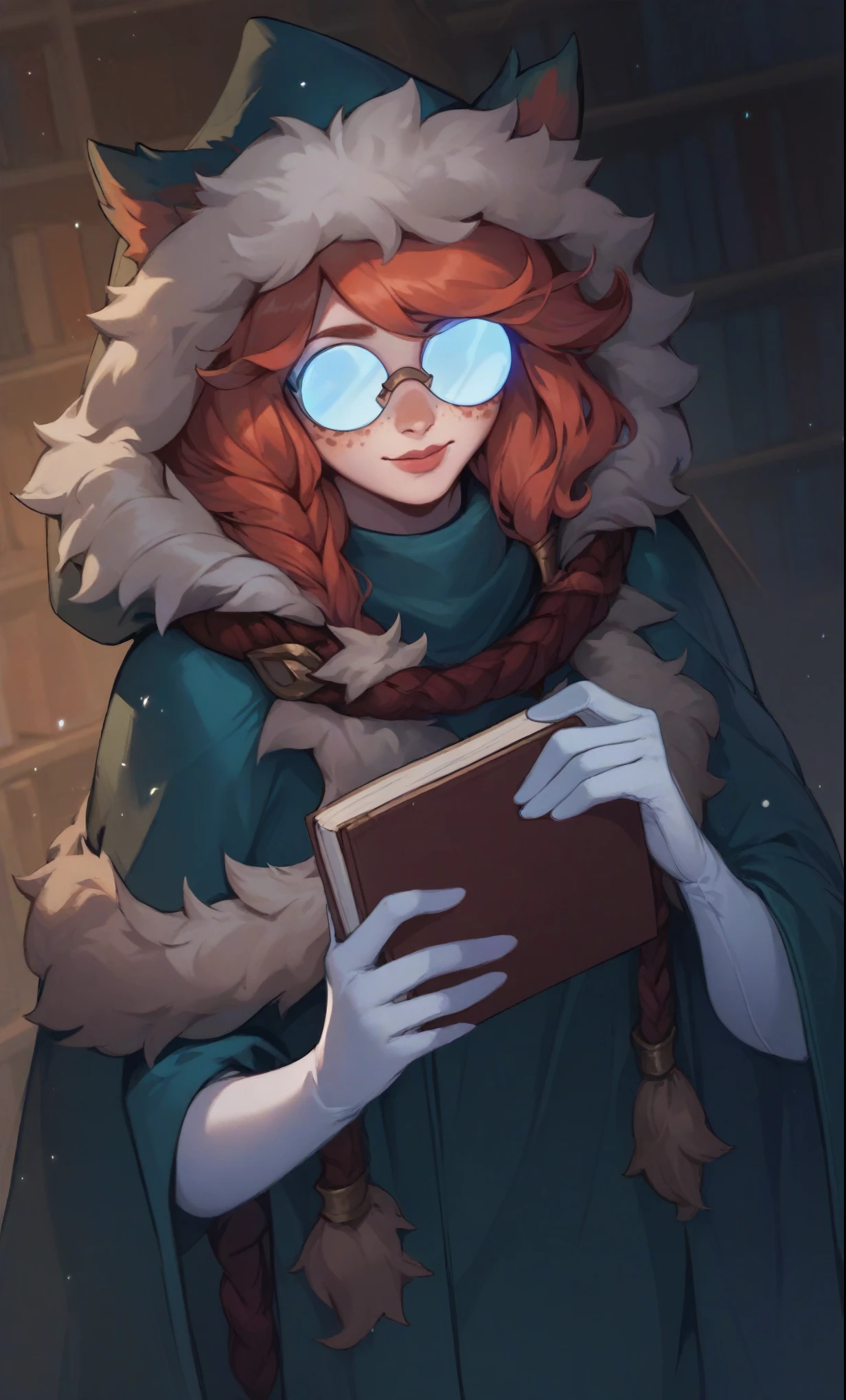 score_9, score_8_up, score_7_up, aurora (league of legends), 1girl, freckles, bangs, braid, green cloak, fur trim, hood up, library, round eyewear, opaque glasses, white gloves, holding book, open book