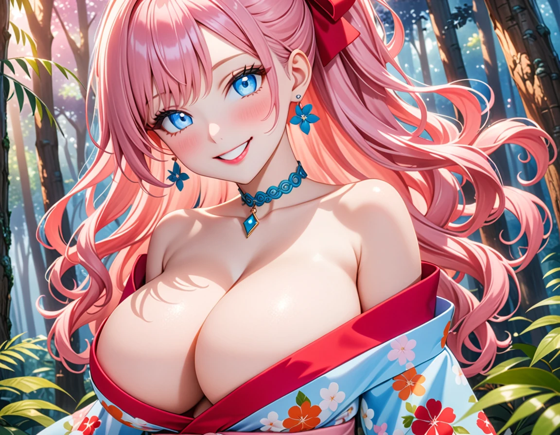 ultra-detailed, ((one girl)), (portrait), (pale skin:1.4), in pastel colors gyaru, (heavy makeup), (professional lighting) hyper detailed, absurdres, 8k, Beautiful Face, (Laugh shyly), ((teasing smile:1.8)), ((happy smile:1.2)), ((Wink:1.6)), (Laugh with your mouth wide open),((Tilt your face:1.6)), View your viewers, ((Bright red cheeks:1.6)),Glossy Red Lips, ((huge breasts:1.6)), undressing, ((She is undressed up to her shoulders, highlighting her cleavage.)) noon,summer, Green tree々, In the mysterious forest, ((Anime style background)),masterpiece, Highest quality, (Brighten your face), so beautiful,Latest, Complex details, (Pink long nails), (nail art), (ring),(bracelet), (Floral Choker),AI-generated, Complex,High resolution, Highest quality, super high quality,3D Images、3D Images,One person,Pastel pink long hair,(High Ponytail), (wavy hair:1.3), Pastel anime woman posing for a photo, ((Eyes with detailed pupils、blue eyes、glowing eyes:1.4)), (Squint your eyes:1.1),a hyperRealistic , hyperRealistic , Realistic,Anime woman with long pastel pink hair, Smooth anime CG art, A girl in a gorgeous pastel-colored kimono, ((Pastel colored long sleeve kimono)),(Pink large floral pattern), (sideboob), Long flower hair ornament,Floral Earrings, Mature Body, tall,Narrow waist, ((dutch angle)), ((looking forward:1.4)),((Stick your butt out:1.2)), extreme close-up shot,
