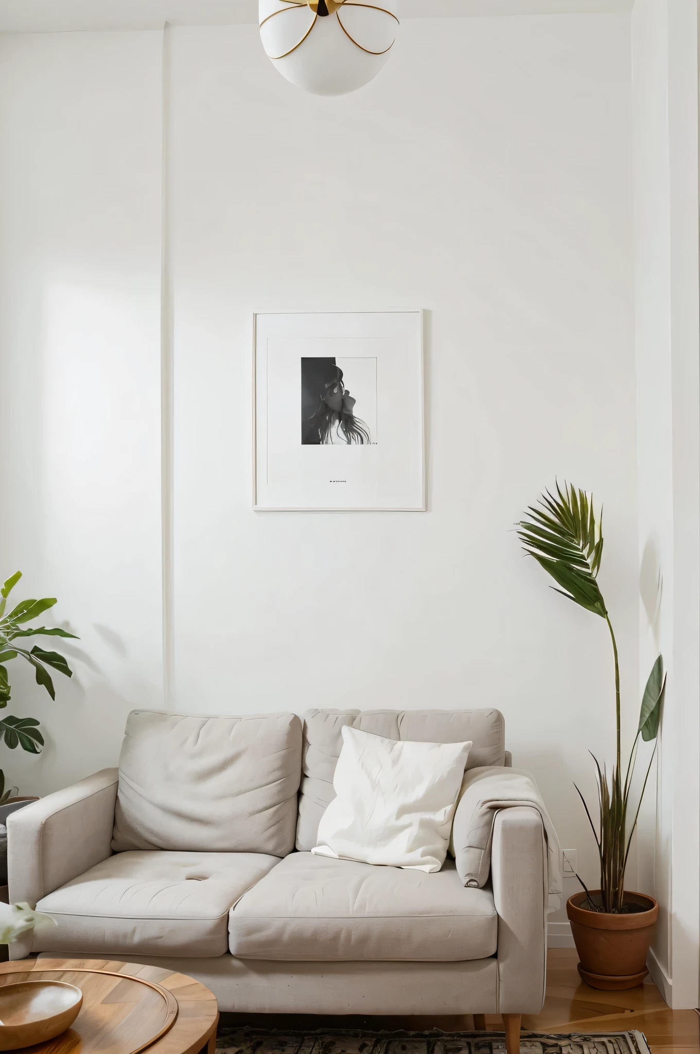 A living room with a clean, white wall featuring minimalist boho art prints in simple frames.