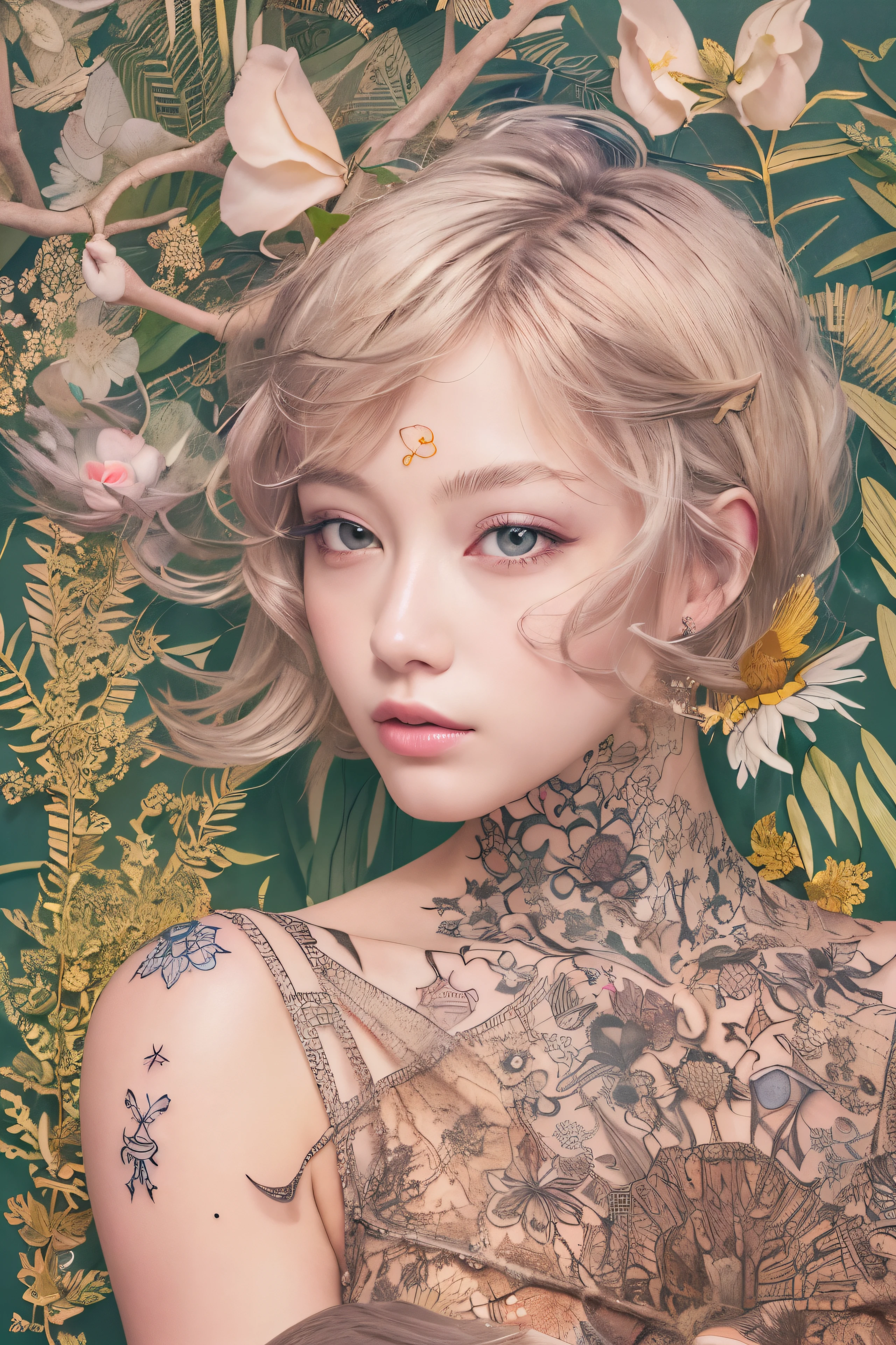 ((((masterpiece))), tattoo、Highest quality, An illustration, Beautiful details shine,
paper_cut, The details of a fragile girl's face captured on camera, wood, moon, butterfly,Wind、star、spider、Ladybug、centipede