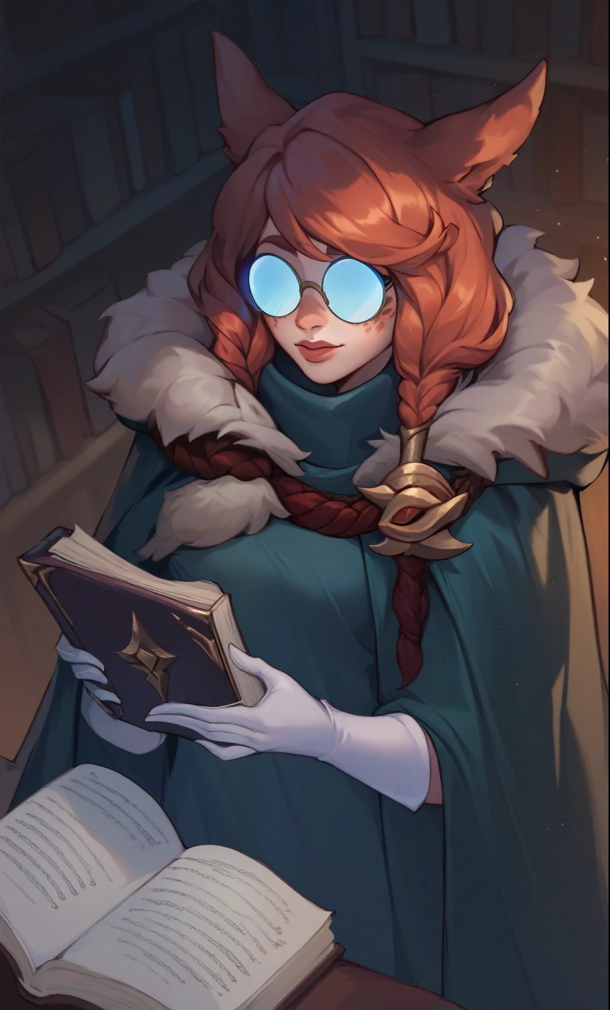 score_9, score_8_up, score_7_up, aurora (league of legends), 1girl, freckles, bangs, braid, green cloak, fur trim, hood up, library, round eyewear, opaque glasses, white gloves, holding book, open book
