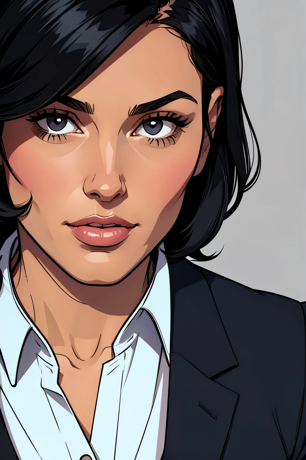Flat colors, close up, portrait of a woman in her mid-30s, shoulder-length black hair, reflective, tailored blazer over a blouse, smart trousers