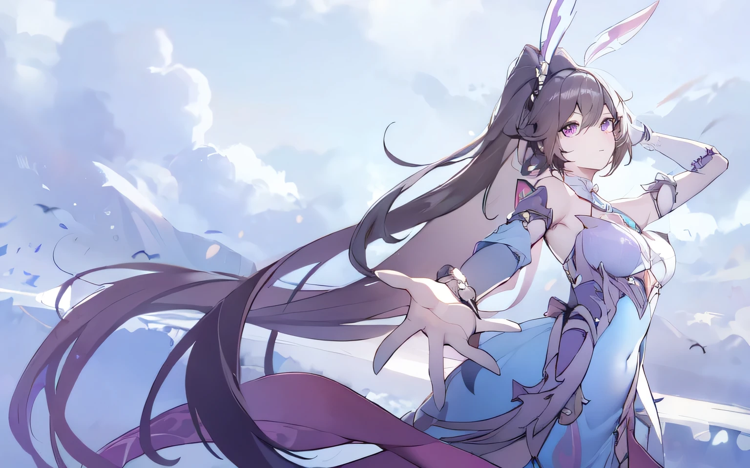 (masterpiece:1.2), (pale skin:1.2), (solo:1.2), (female:1.1), (emphasis lines:1.3), purple hair, purple eyes, bare shoulders, sky