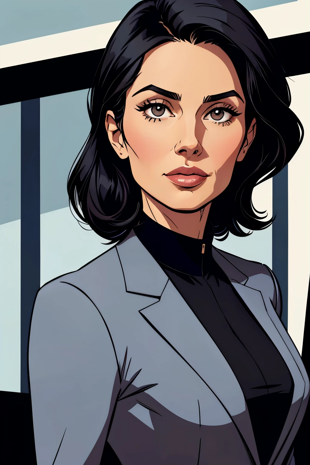 Flat colors, close up, portrait of a woman in her mid-30s, shoulder-length black hair, reflective, tailored blazer over a blouse, smart trousers