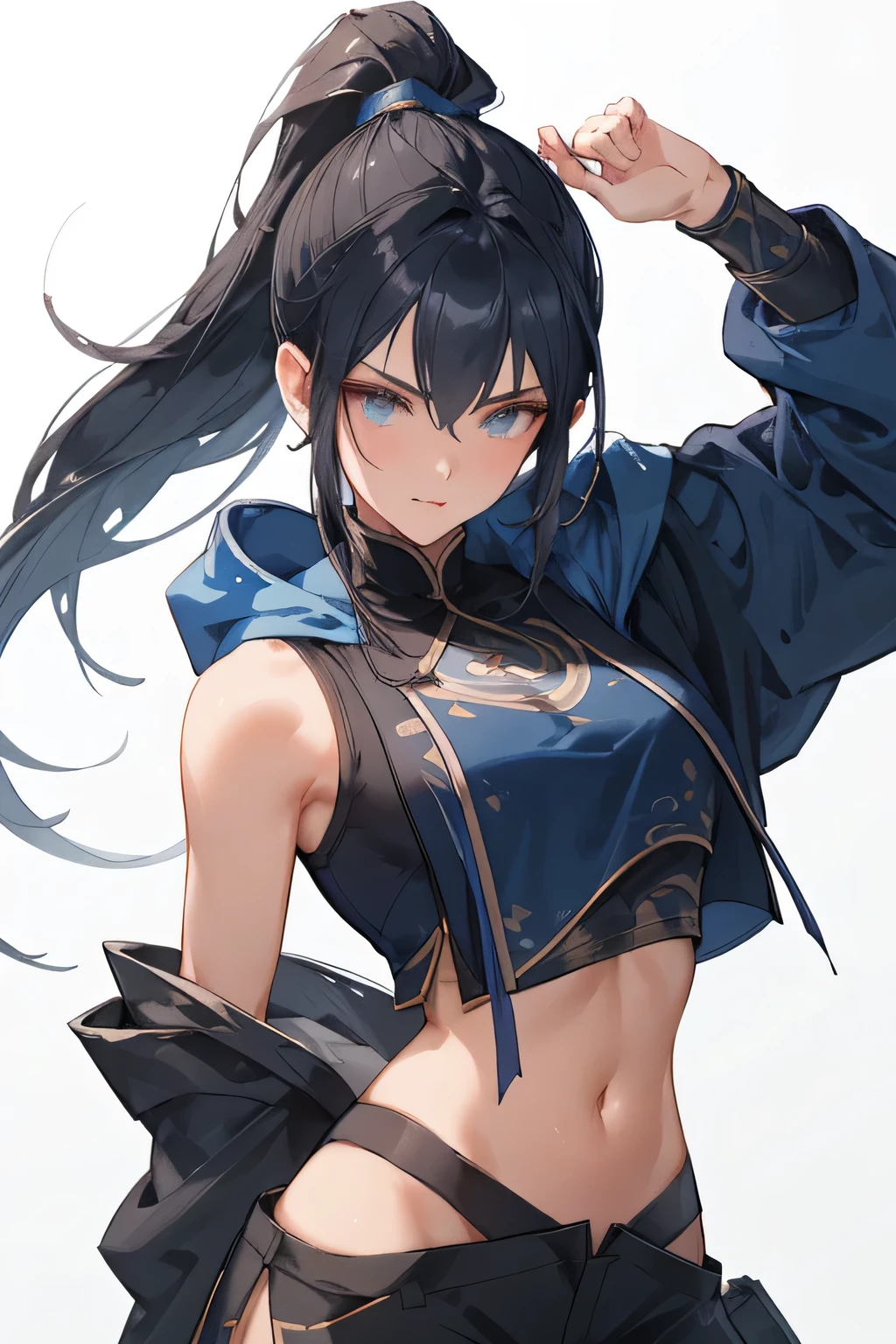 Kitana from Mortal Kombat 1, Make her face Arknights style looks like face, sharp slanted eyes, tounge out,tounge,Ponytail dark hair, shoulder long hair,the outfit are dark blue street wear colour,crop top oversized hoodie + cargo shortpants street wear, holding chinese traditional fan and blade, 1girl, soft blue one colour background