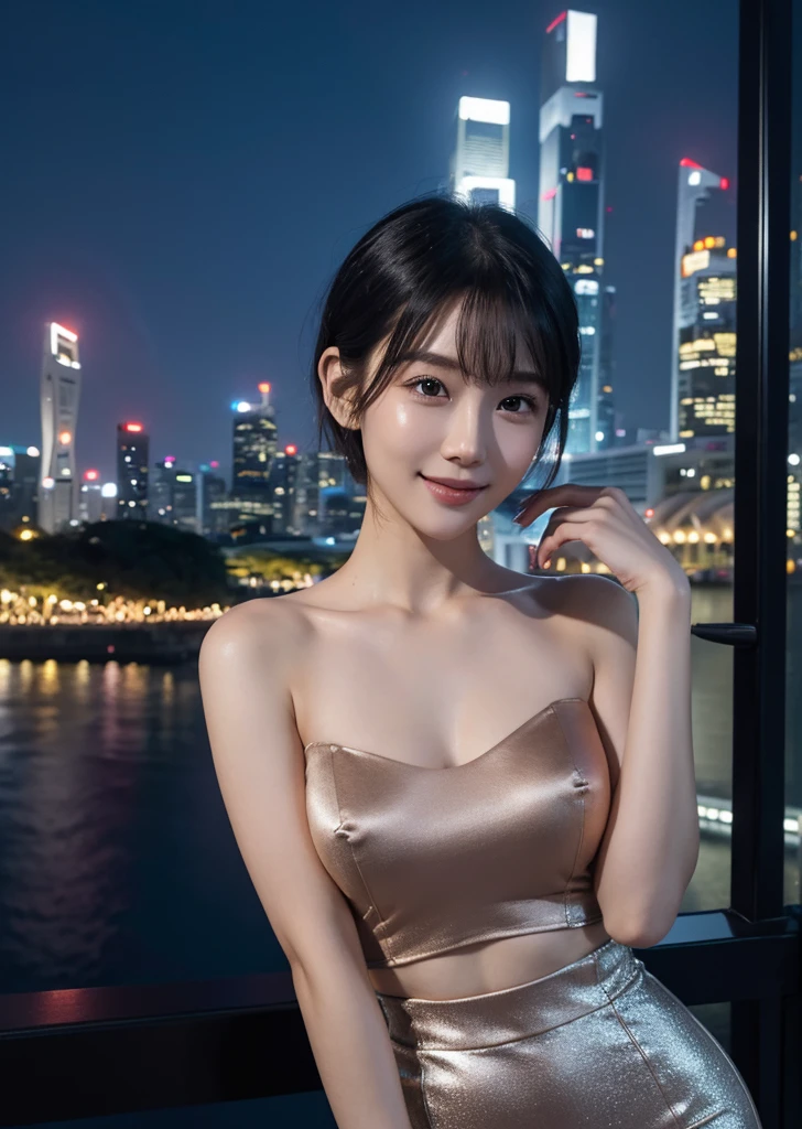 Diffuse lighting、 Highest quality, High resolution, unity 8k wallpaper、Supersaturation, Japanese、1 female、23 years old、Highest quality、8k、超High resolution、Clear photos、Professional Lighting、Light、Singapore night view、Singapore cityscape、Beautiful cityscape、Beautiful night view、Very short hair、smile、Ultra slim、Tight waist、Upper body close-up、Slender body、