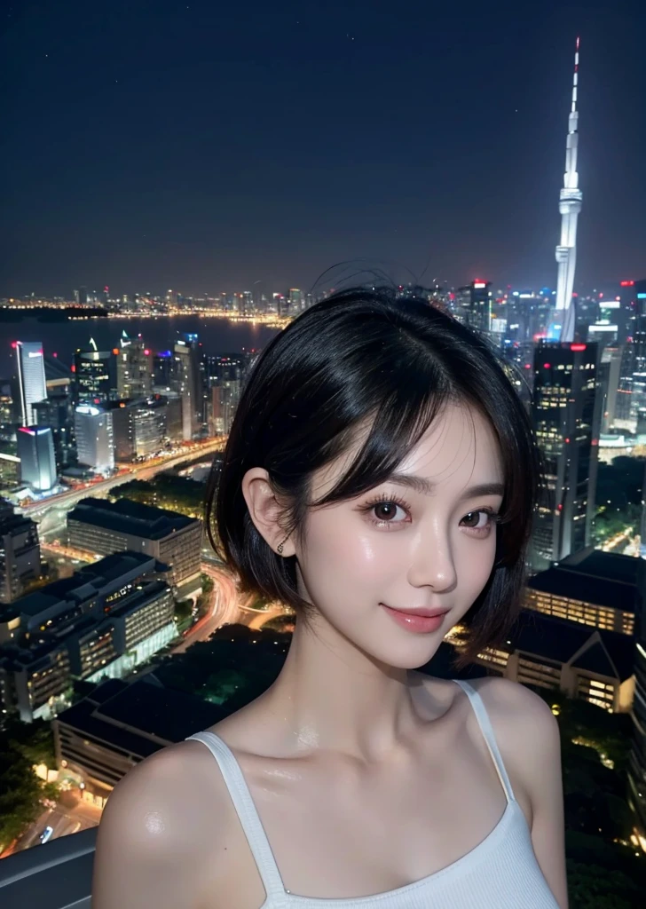 Diffuse lighting、 Highest quality, High resolution, unity 8k wallpaper、Supersaturation, Japanese、1 female、23 years old、Highest quality、8k、超High resolution、Clear photos、Professional Lighting、Light、Singapore night view、Singapore cityscape、Beautiful cityscape、Beautiful night view、Very short hair、smile、Ultra slim、Tight waist、Upper body close-up、Slender body、