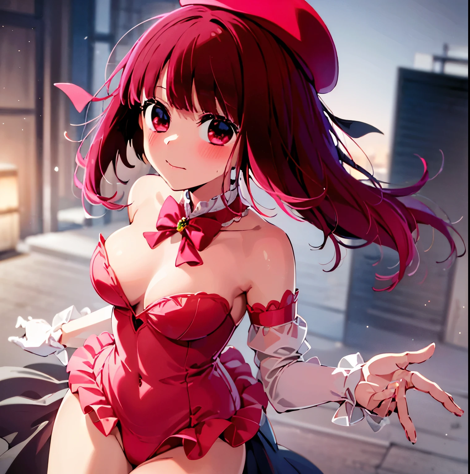 ((1girl)),((alone)), arima kana,(masterpiece), (best quality), (ultra detailed), (best illustration), (best shadow), (absurdities), sharp focus, cowboy shot , dynamic posture looking at the viewer, , narrow waist, wide hips, wide thighs, round butt, erotiomantiry detailed eyes, lips 1.1), very detailed eyes, eyes, Very detailed face, Very beautiful face, height full, beautiful slim figure, femininity, expressive appearance, elastic small breasts, increased se, short hair, red hed eyes,(( mini hat)), tilted head, ((idol dress)), ((jewelry)), ( (brooch)), ((white scarf)), ((ruffles)), ((red shirt)), ((short sleeves)), bare arms, ((pink gloves)), ((holding microphone)),( (black skirt)), short skirt, ((bare thighs)), ((red boots)), calf-length, defined body, perfect and beautiful body, perfect and beautiful, closed mouth, calm expression, blushing, (sexy pose : 1.2), ((solo)), standi 1.3, exterior, concert, stage, show lights, night, cityscape, looking forward, ((focus on breasts)), point of view (from above)lush, perfect anatomy, perfect hands,