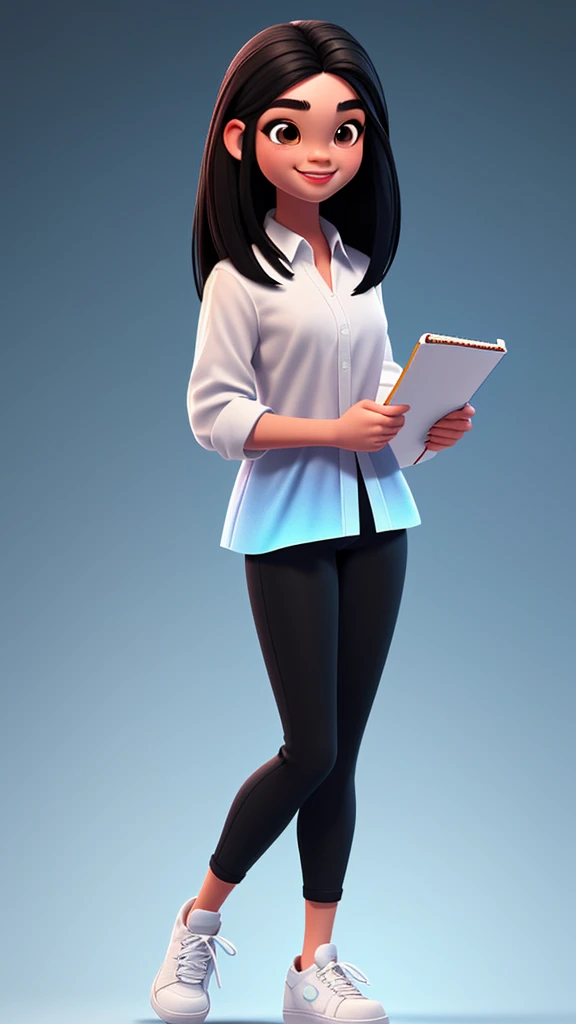 3D characters, girl, (whole body: 1.2), black hair, big hair, straight hair, dark brown eyes, white shirt, black pants, sneakers, holding a notebook, smiling, simple background, work of art, best quality, (blue gradient background :1.1)