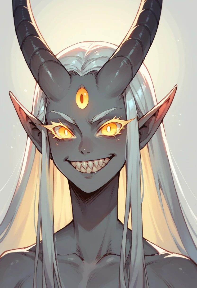 Humanoid creature, gray skin, yellow glowing eyes, extra eye on her forehead, elf ears, very long silver hair, sharp teeth, smiling, long horn