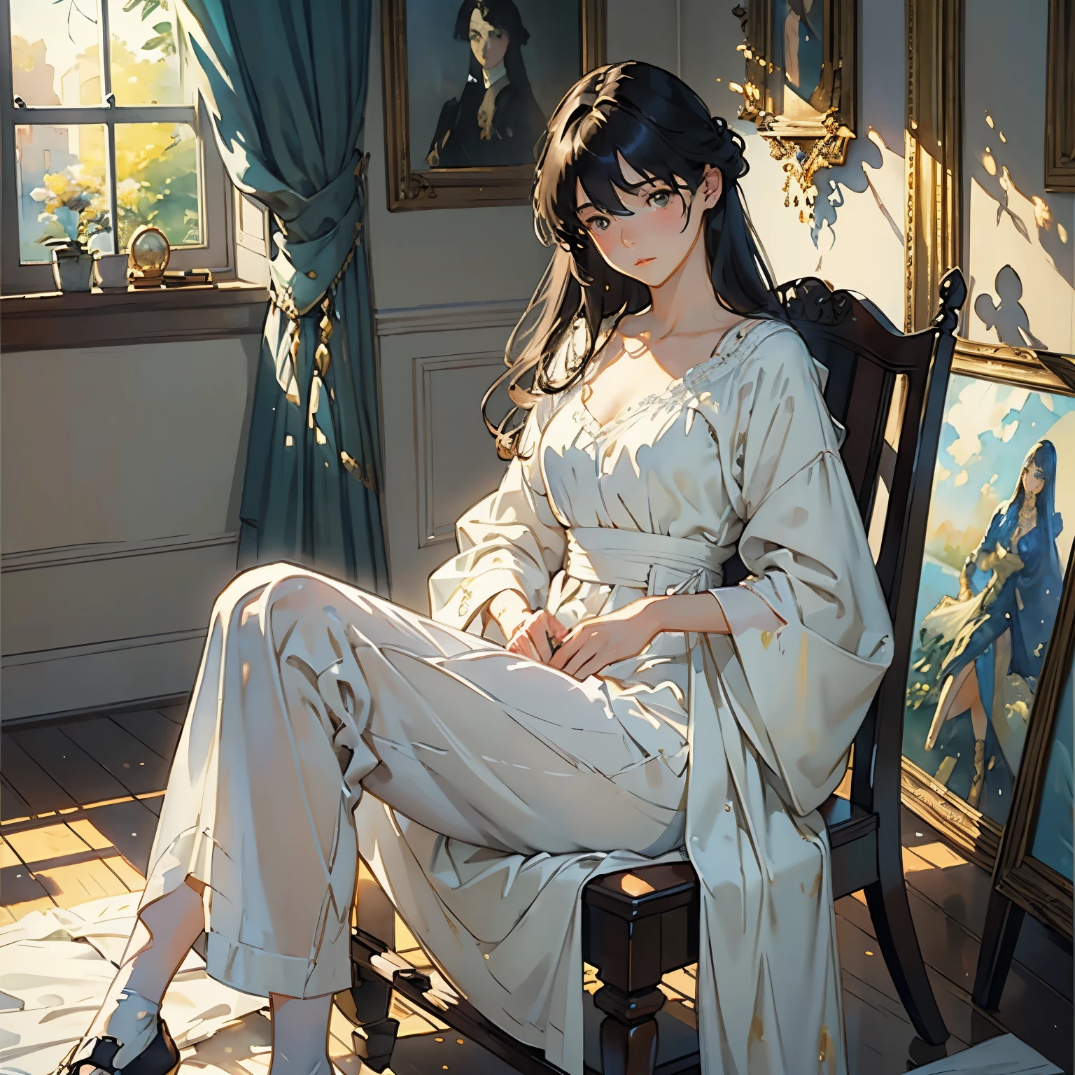 (A very beautiful paints a life-size portrait of herself on canvas:1.2), (Full body portrait:1.2)、(An incomplete life-size portrait:1.2)、(Paint set、palette、Pen:1.2)、Beautiful and fair、Glowing Skin, Nice, bright, Refreshing and gentle look, Perfect beautiful face、Beautiful shiny bangs, Small breasts,Simple uniform,room、window、Soft Light、(Watercolor of singer Sargent)、(Highest quality、masterpiece)、