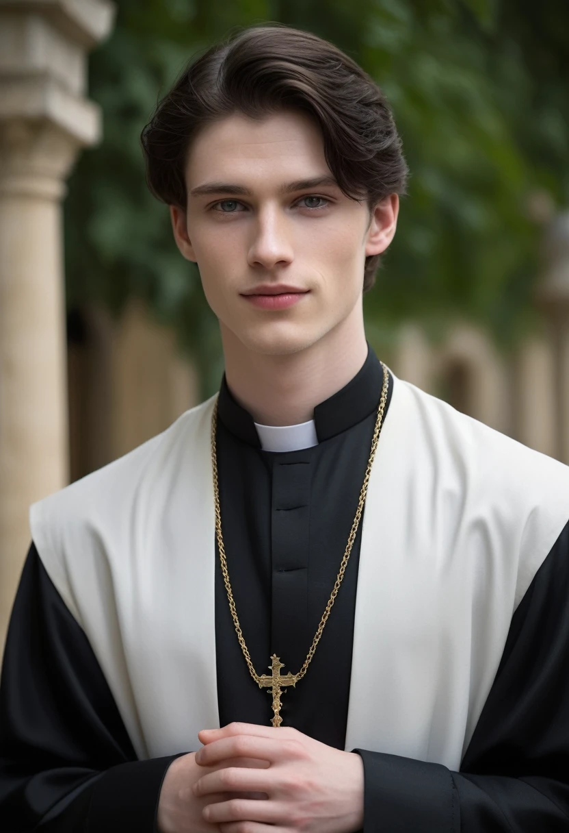 Young boy, charming, piercing eyes, Enigmatic smile, pale skin, dark haired, mysterious and seductive aura, Traditional clerical attire with elegant touches and unique style, sleeveless priest&#39;s cassock, catholic father, double chin, seductive heartthrob, masculine face with a delicate appearance, defined jaw, Adam&#39;s apple prominent on the neck, his athletic and imposing appearance stands out even under his priestly attire, Erect and confident posture, rose tattoo on your forearm, leather bracelet on wrist, silver chain with cross pendant, Silver rings on fingers, rebellious father, green field with a church in the background.